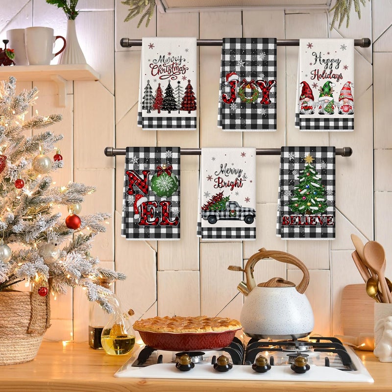 TREWAVE Christmas Kitchen Dish Towels 18 x 27 Inch Buffalo Plaid Christmas Tree Gnome Hand & Tea Towels Winter Holiday Xmas Kitchen Decor Absorbent Drying Cloth for Cooking Set of 6 - Image 3